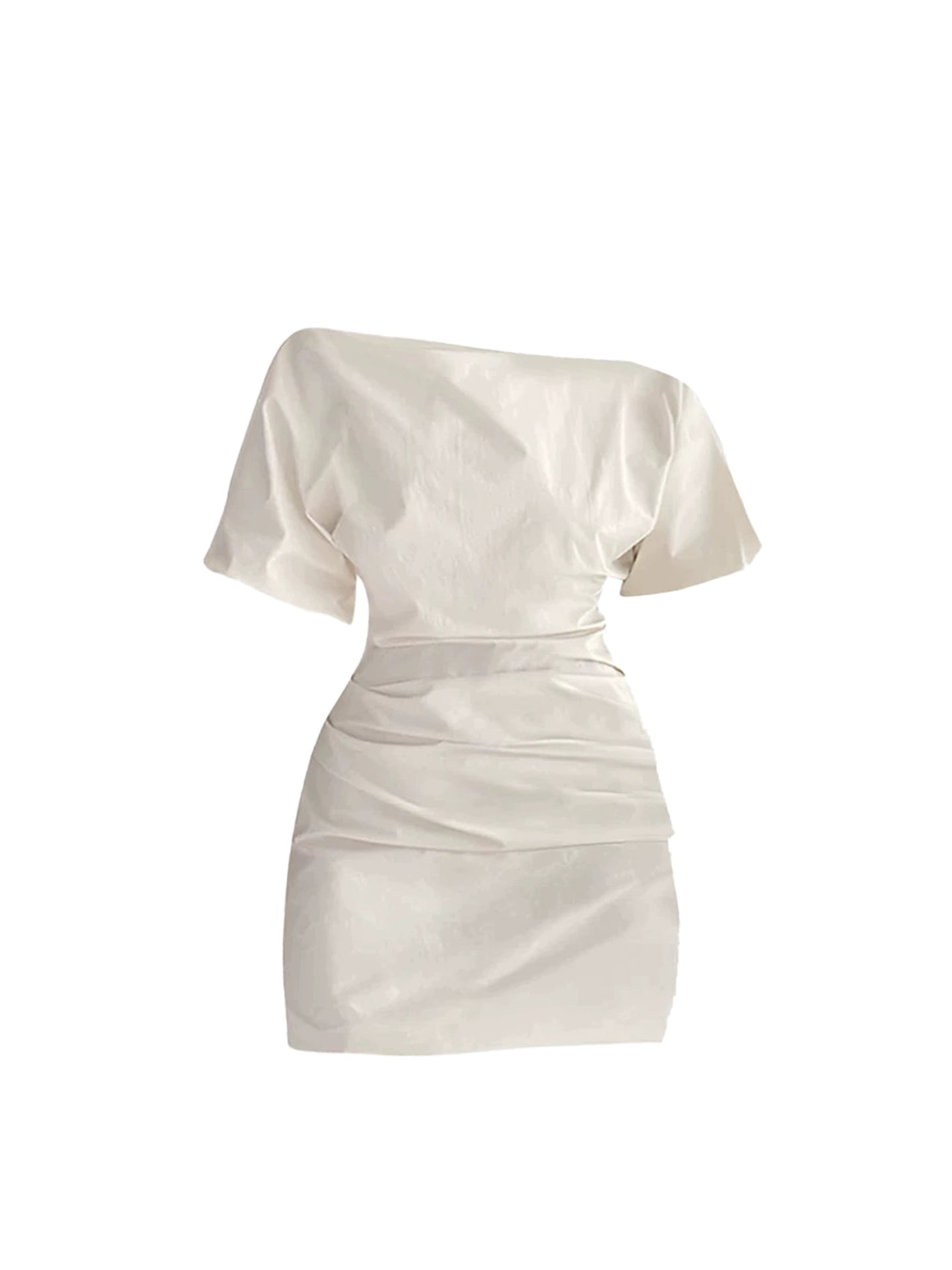 Hot Girls White Off-Shoulder Casual Gatherings Short Sleeve Mini Skirt Simple Sheath Ruched Waist Asymmetric Neck Short Dress AP4997
