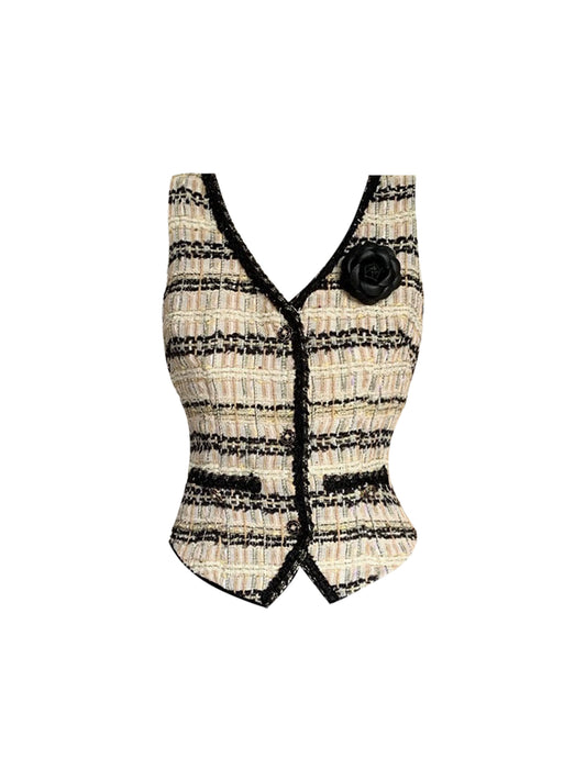 Gen Z Style Beige & Black Tweed Vest Black Tulle A-Line Mini Skirt Chic 2-Piece Set V Neck Sleeveless Black Rose Accent Short Dress AP4998