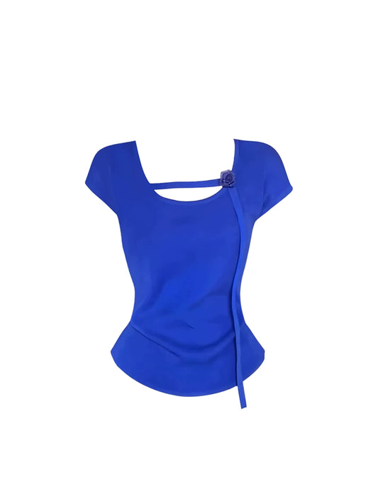 New Tendency A-Line Short Sleeve 2-Piece Set Maxi Skirt Sweet Royal Blue Chest Cutout Square Neck Top Yellow Pleated Long Dress AP5002