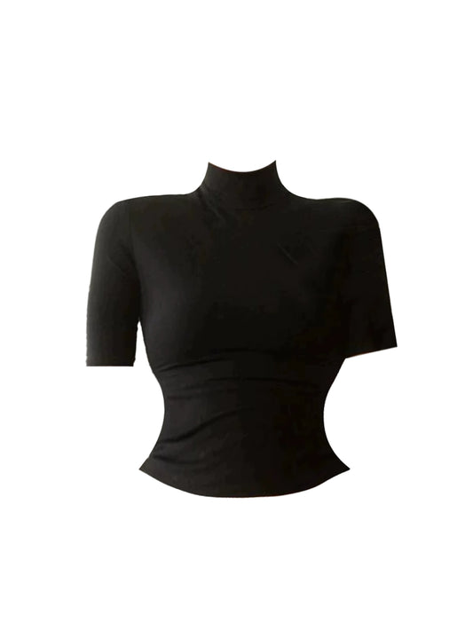 Lovely Black Mock Neck Short Sleeve 2-Piece Set Mini Skirt Vogue Ruched Crop Top Charcoal Gray Sheath Short Dress AP5004