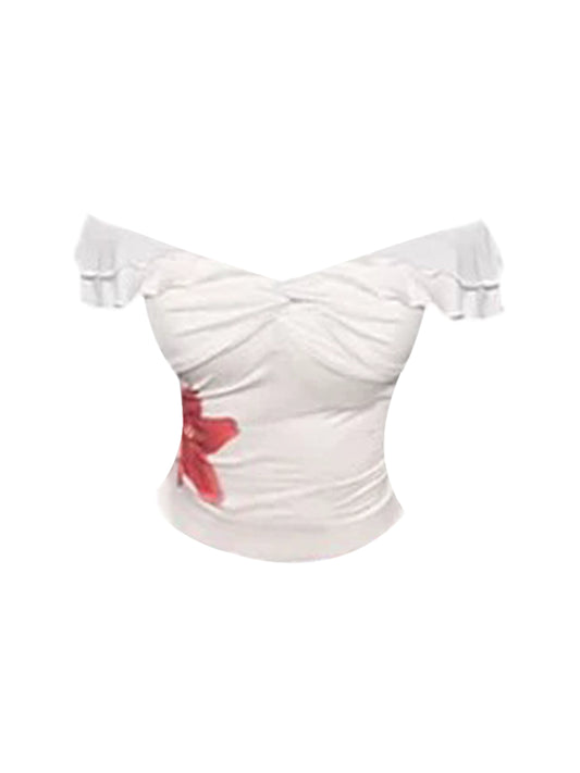 Beautiful White Off-Shoulder Top A-Line Maxi Skirt Elegant Red Floral Accent 2-Piece Set Date Nights Red Long Dress AP5006