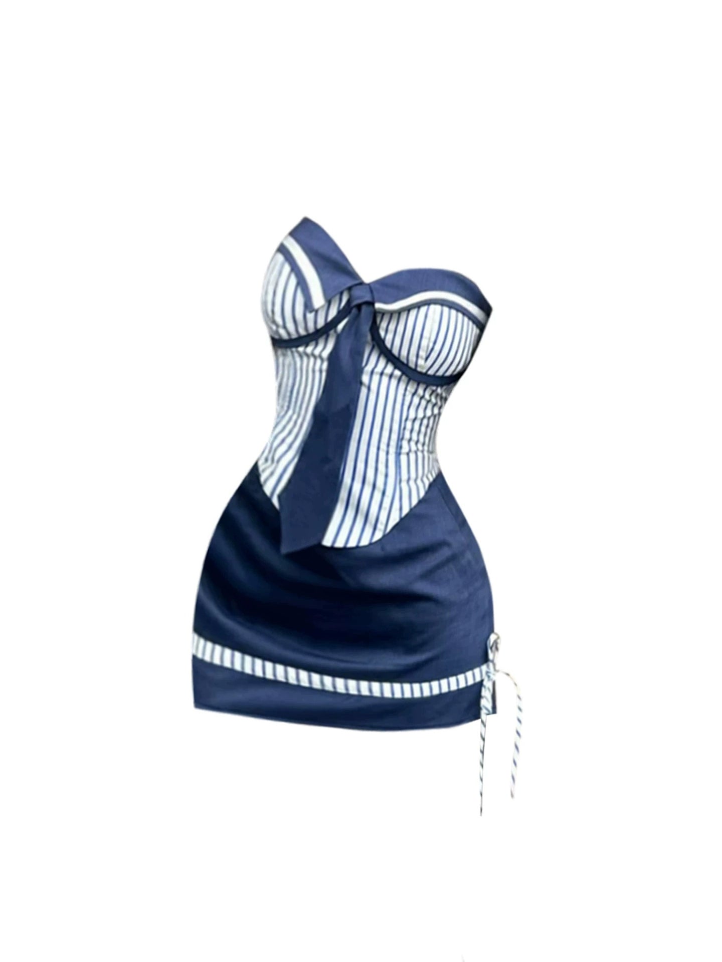 Superb 2-Piece Set Date Nights Sheath Tie Accent Navy Mini Skirt Elegant Strapless Navy & White Striped Sailor Corset Short Dress AP5008
