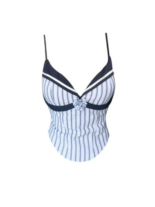 Appealing Spaghetti Strap Sailor Top 2-Piece Set Mini Skirt Flower Accent Navy & White Striped Bodycon Short Dress AP5012
