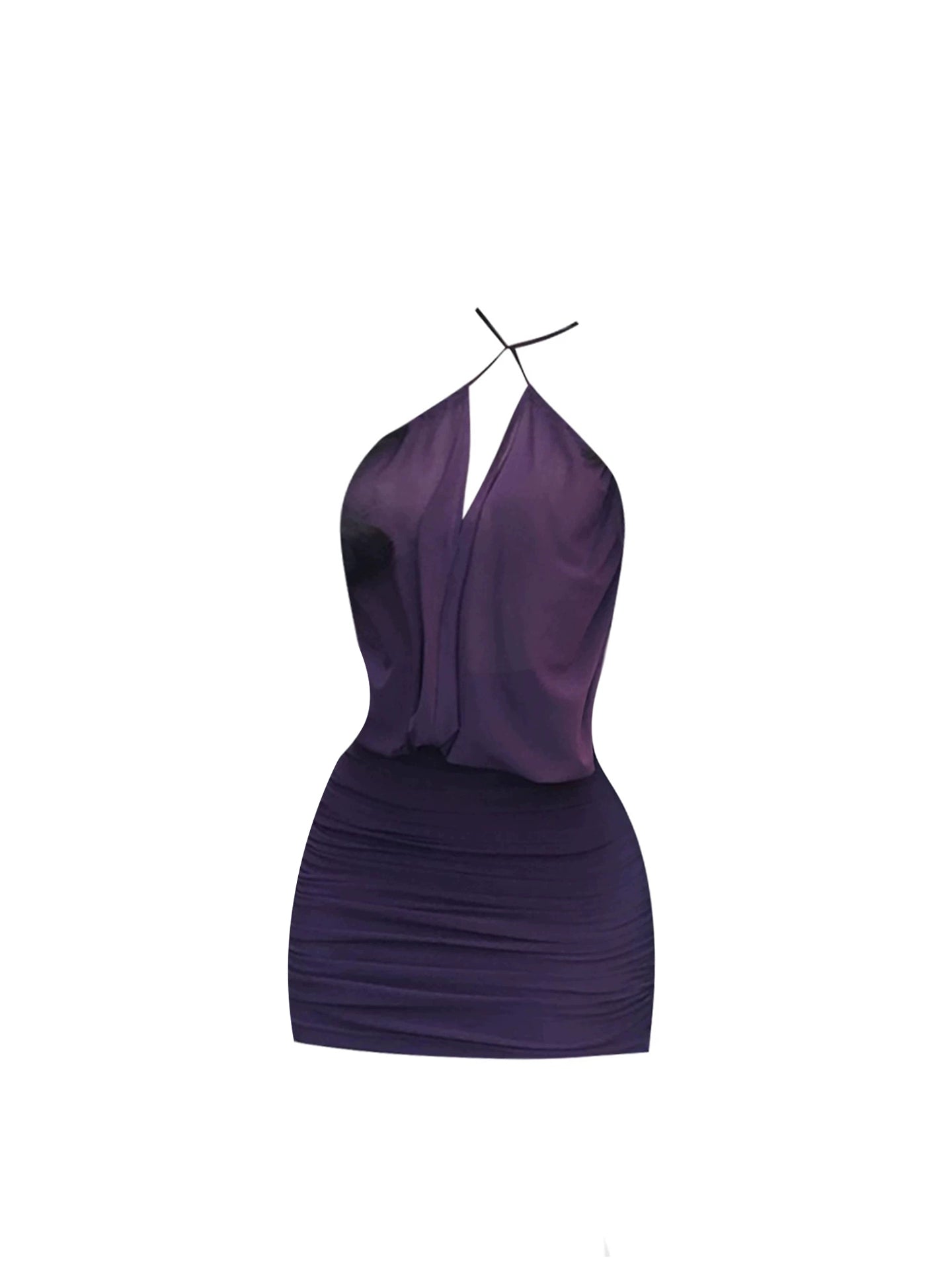 Fascinating Bodycon Deep Purple Mini Skirt Vintage Deep V Neck Chiffon Ruched Halter Short Dress AP5013