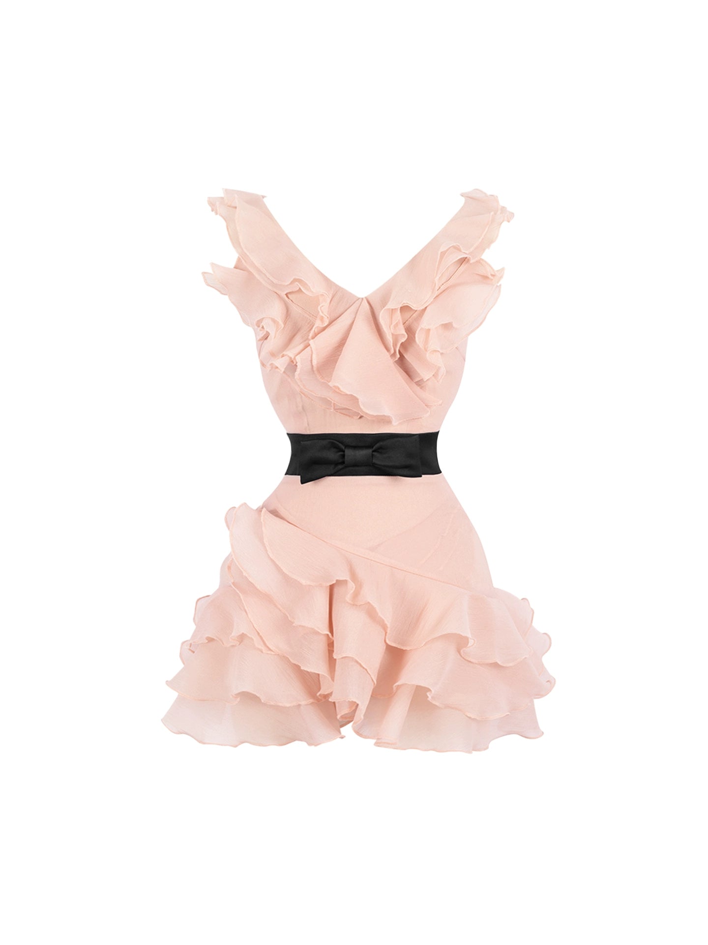 Enticing Light Pink V-Neck A-Line Casual Gatherings Mini Skirt Sweet Layered Ruffles & Black Bow Belt Short Dress AP5015