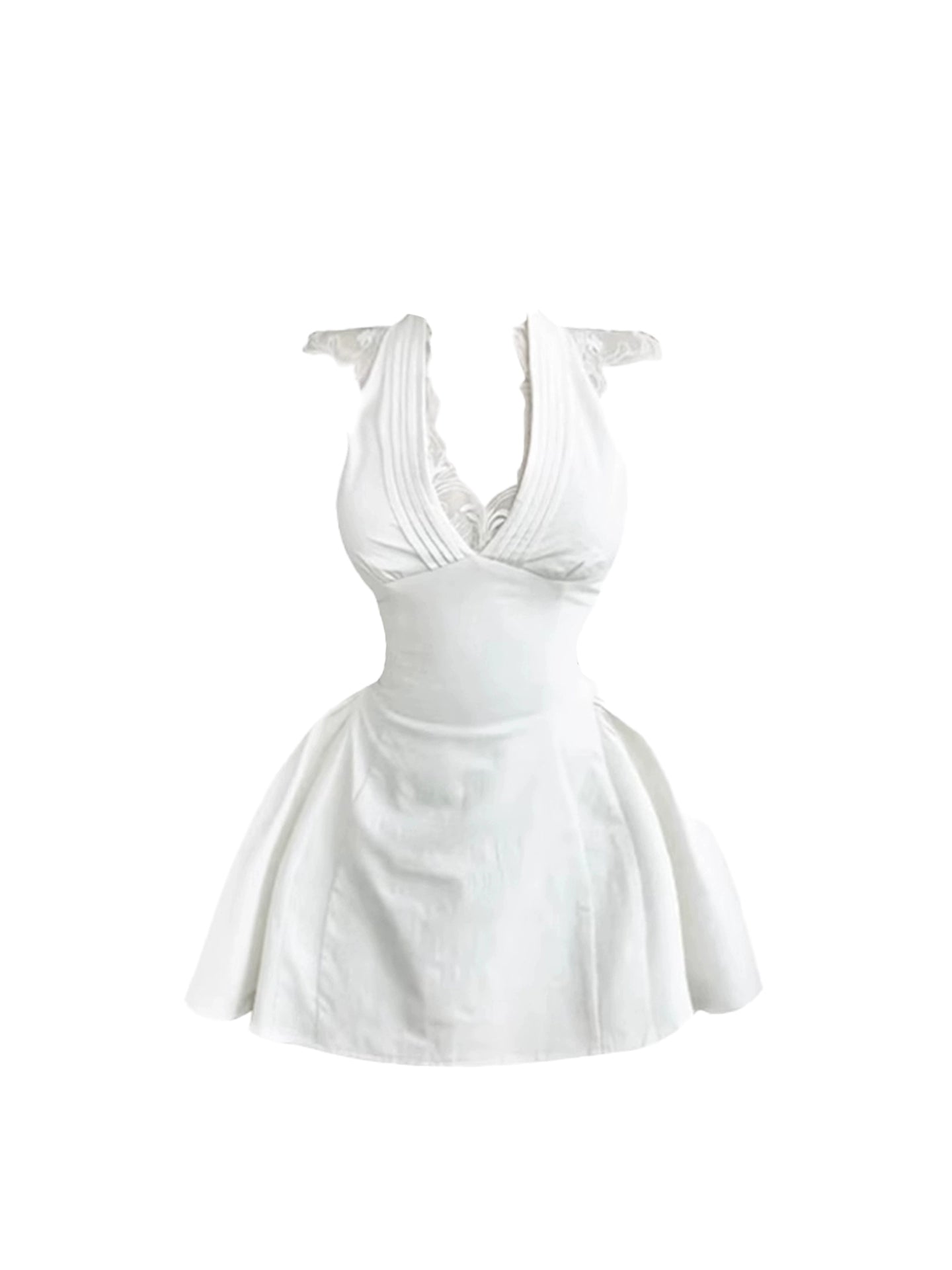 Avant-Garde White V Neck A-Line Flared Mini Skirt Charming Ruched Bust Lace Shoulder Accents Short Dress AP5016