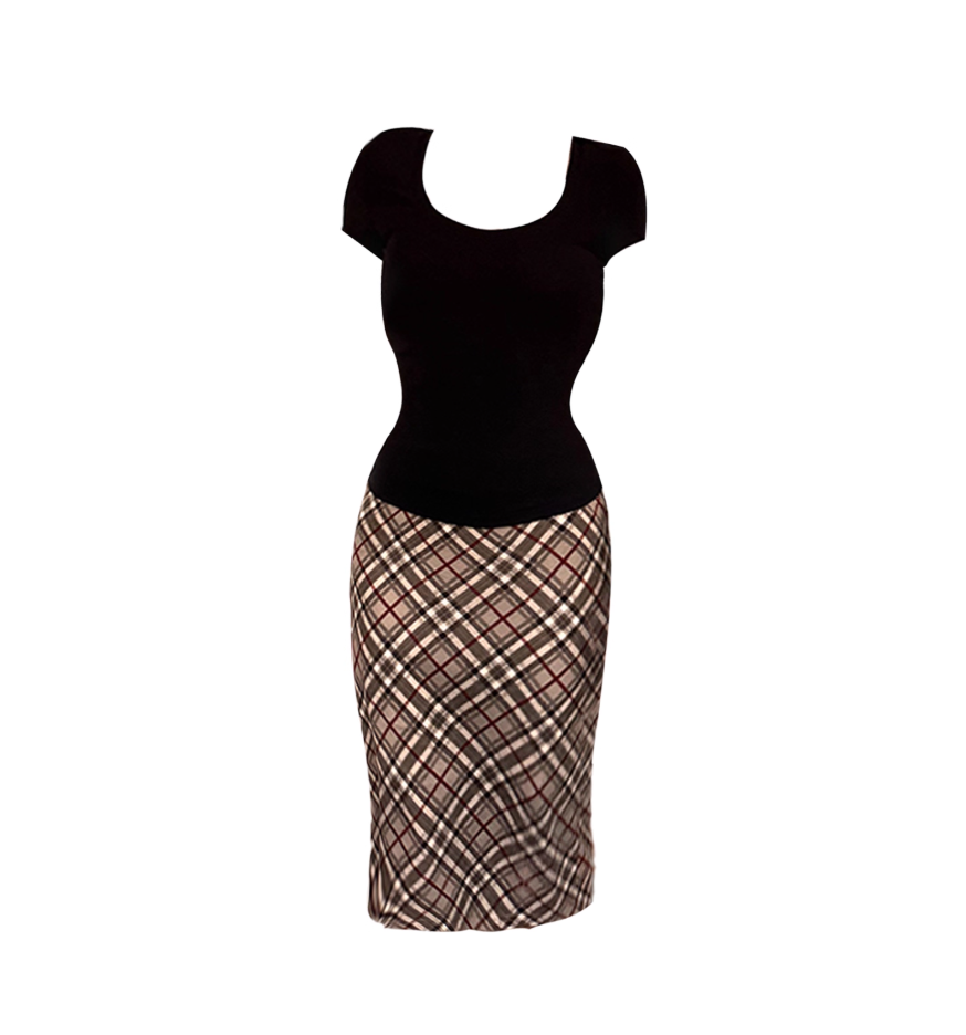 Eye-Catching 2-Piece Set Short Sleeve Square Neck Midi Skirt Chic Black Slim-Fit Top & Brown Plaid Short Dress AP5017