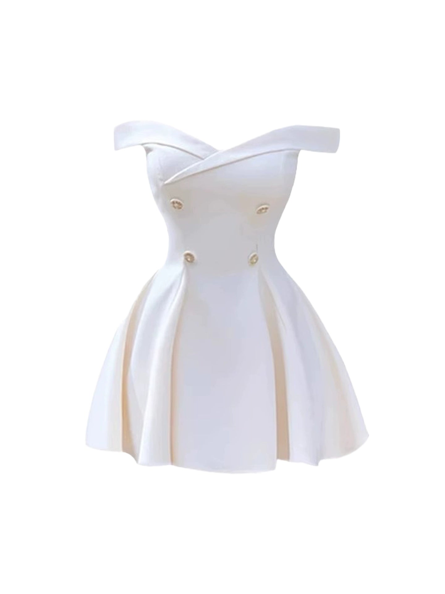 Dainty Gold Double Buttons Tailored Bodice A-Line Flared Mini Skirt Stylish Ivory Off-the-Shoulder Short Dress AP5020