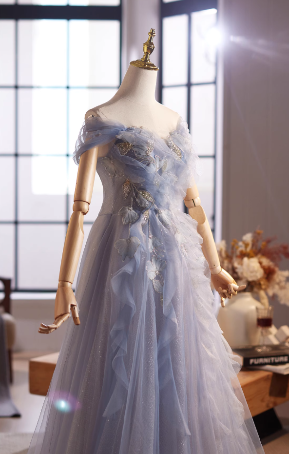 Graceful A-Line Off-Shoulder Ruffled Tulle Sweet 16th Dresses Appliques Sequins Beaded Prom Dress AP5030