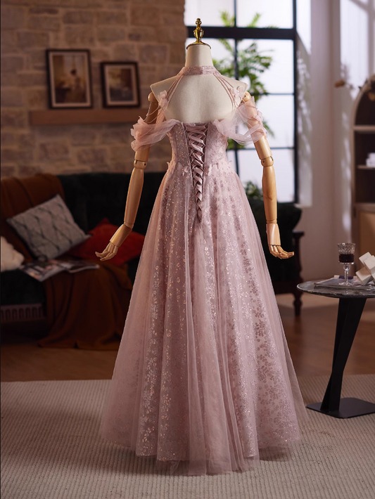Elegant A-Line Off-Shoulder Sweet 16th Dresses Butterflies Sequins Beading Pink Tulle Prom Dress AP5031
