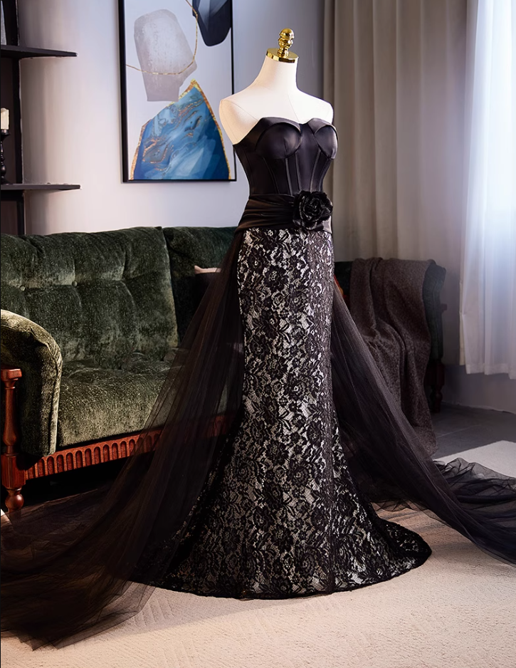 Gothic Style Strapless Black Lace Tulle Evening Mermaid Gowns Handmade Flower Prom Dress AP5036