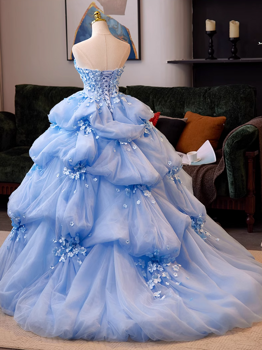 Artistic Strapless A-Line Sweet 16th Gowns Appliques Beads Tiered Tulle Prom Dress AP5038