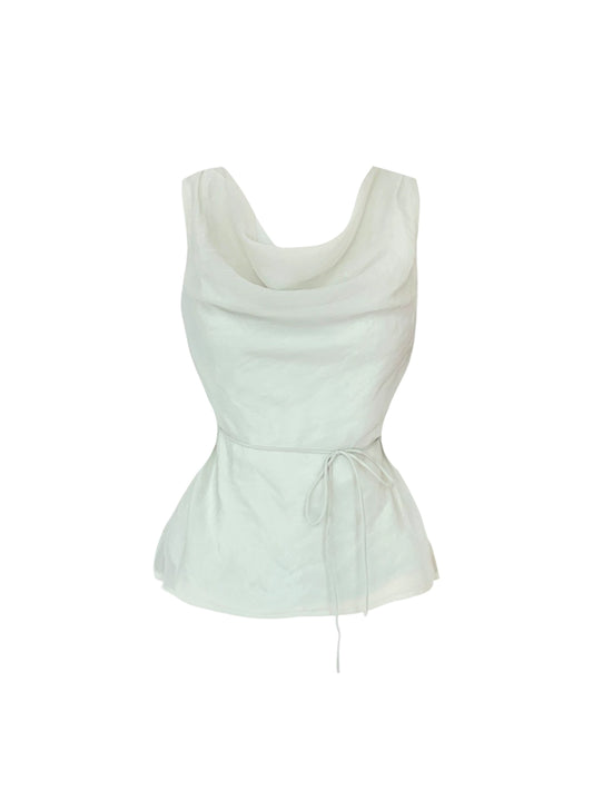 Dreamy White Sleeveless Cowl Neck Top A-Line Mini Skirt Simple Tie Waist Soft Fabric 2-Piece Set Flared Short Dress AP5039