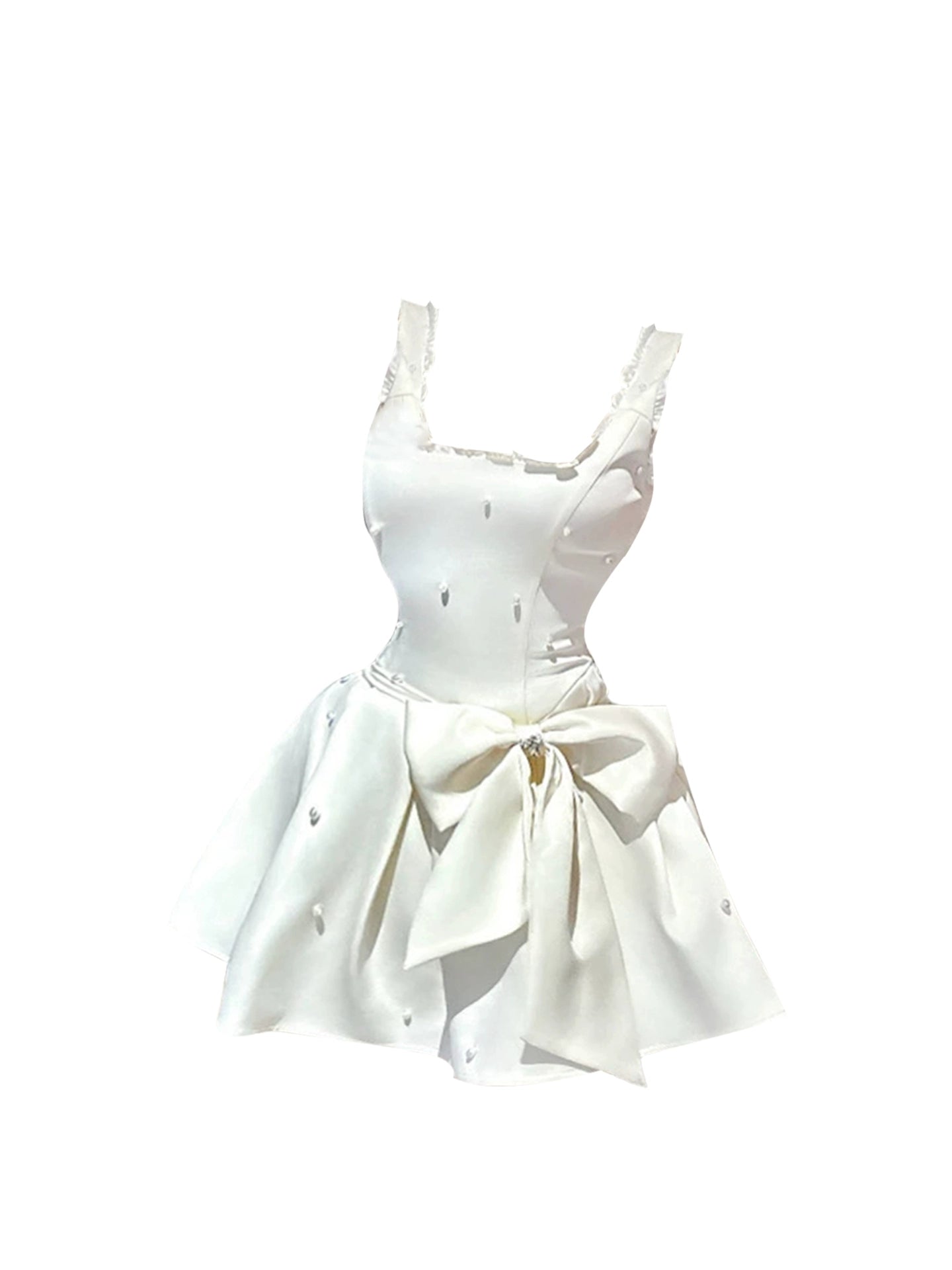 Sheen Spaghetti Strap Ruffled Straps Bow Accent Mini Skirt Elegant Pearl Details White A-Line Short Dress AP5044