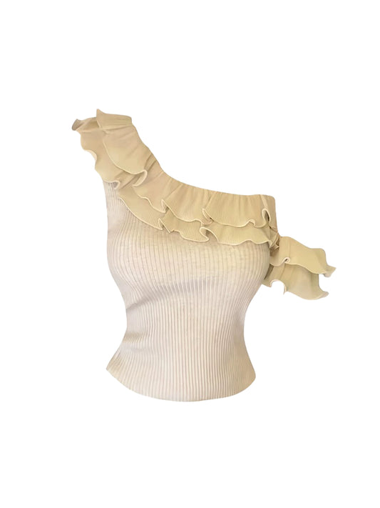 Novelty 2-Piece Sheath Adjustable Belt Mini Skirt Chic Ruffles Asymmetric Neck Ribbed Top Date Nights Short Dress AP5047