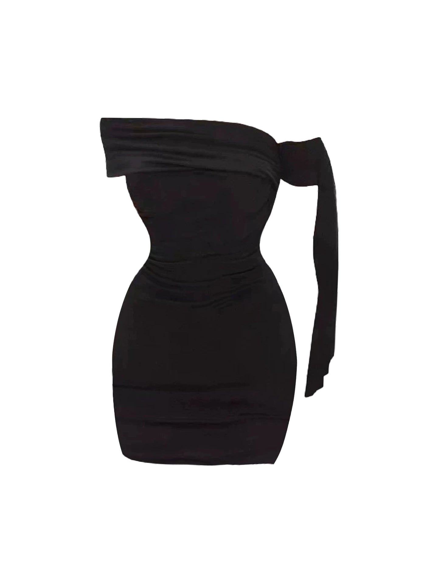 Adorable One-Side Sash Black Sheath Mini Skirt Simple Off-Shoulder Ruched Details Date Nights Short Dress AP5056