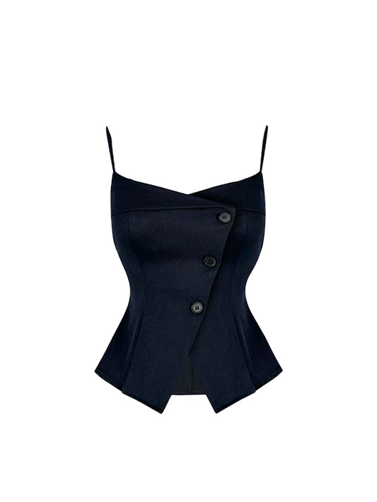 Flattering Button-Accented Peplum Top 2-Piece Set Mini Skirt Chic Slim-Fit Spaghetti Strap Bodycon Short Dress AP5059