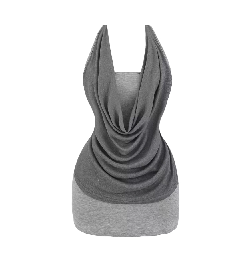 Fitted Soft Fabric Sheath Drape-Neck Mini Skirt Trendy Two-Tone Gray Sleeveless Short Dress AP5060
