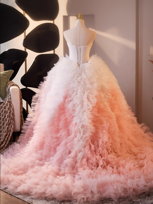 Modern Strapless Ruffles A-Line Sweet 16th Gowns White & Pink Color-Blocked Tulle Prom Dress AP5065