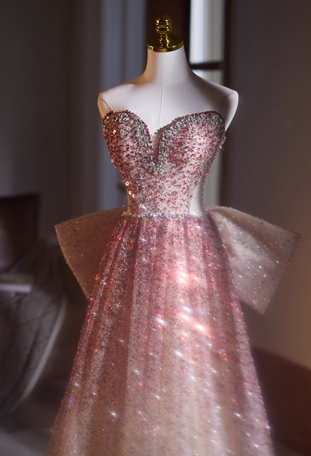 Princess Strapless A-Line Sweet 16th Gowns Sequins Beading Rhinestones Bow Prom Dress AP5066