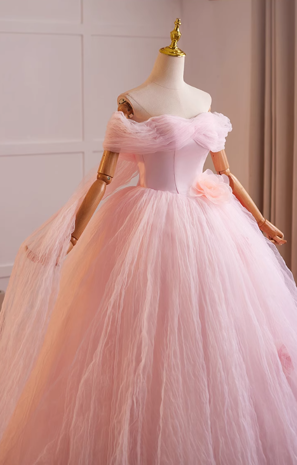 New Tendency Off-Shoulder A-Line Sweet 16th Dresses Handmade Flowers Pink Tulle Prom Dress AP5073