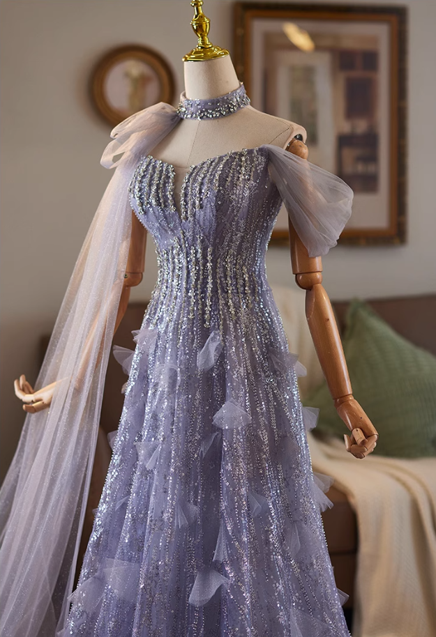 Refined Off-Shoulder A-Line Sweet 16th Dresses Sequins Beading Purple Tulle Prom Dress AP5075