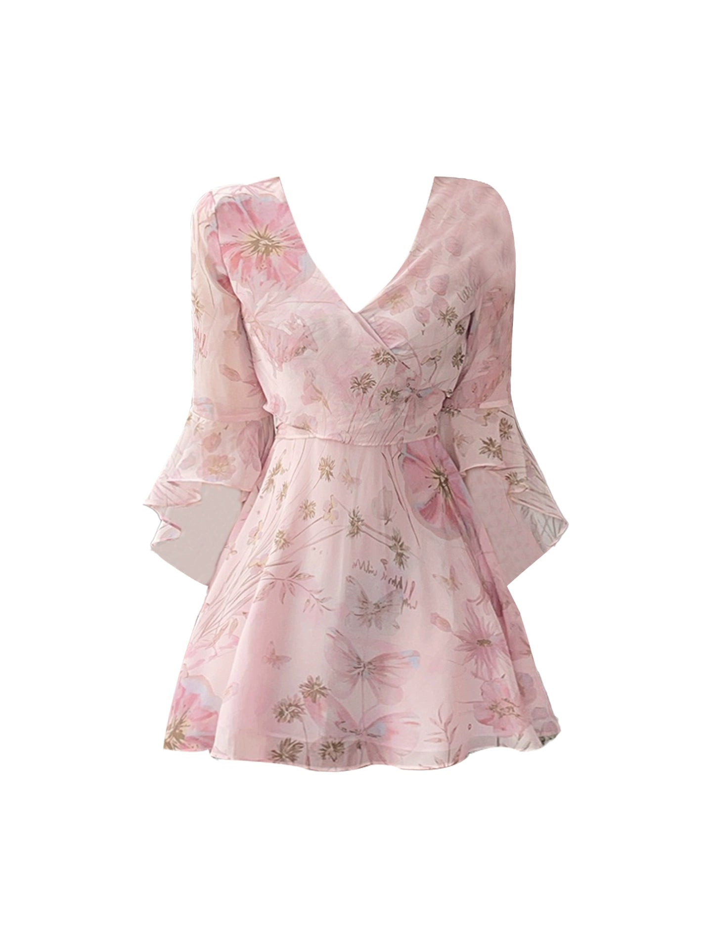 Avant-Garde Soft Pink Floral Print V-Neck Mini Skirt Sweet Long Bell-Sleeve A-Line Short Dress AP5085