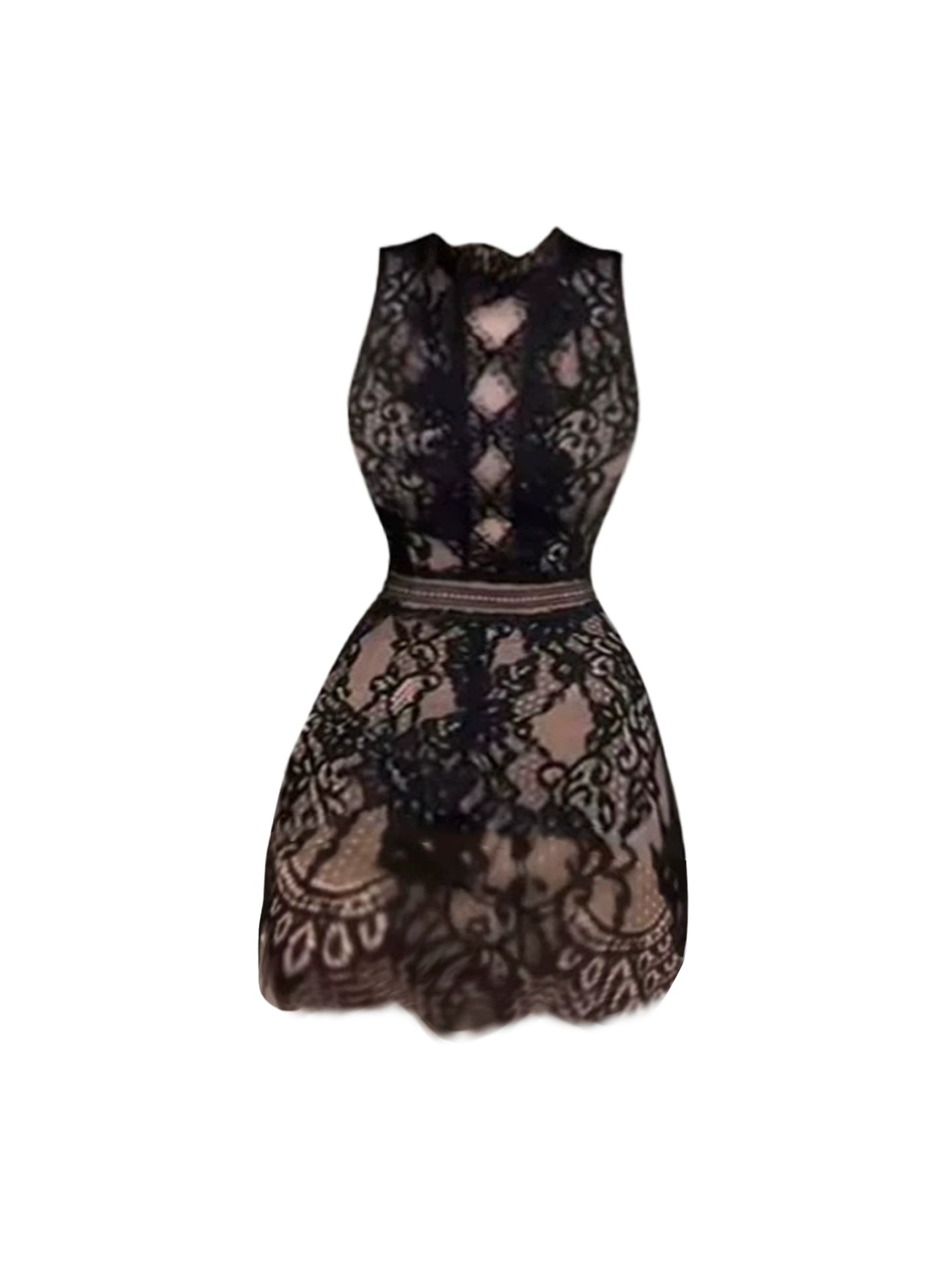 Dainty Black Floral Cutout Details Lace Sheath Mini Skirt Sexy Mock Neck Sleeveless Slim-Fit Short Dress AP5088