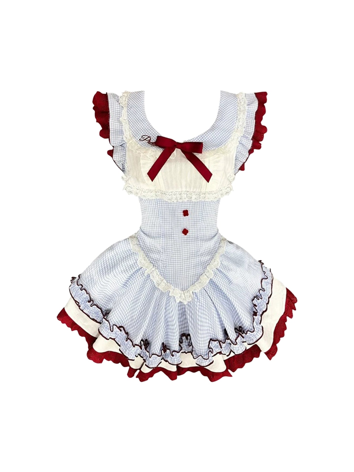 Romantic Blue & White Gingham Sleeveless A-Line Mini Skirt Sweet Jewel Neck Red Bow Ruffled Lace Trim Short Dress AP5092