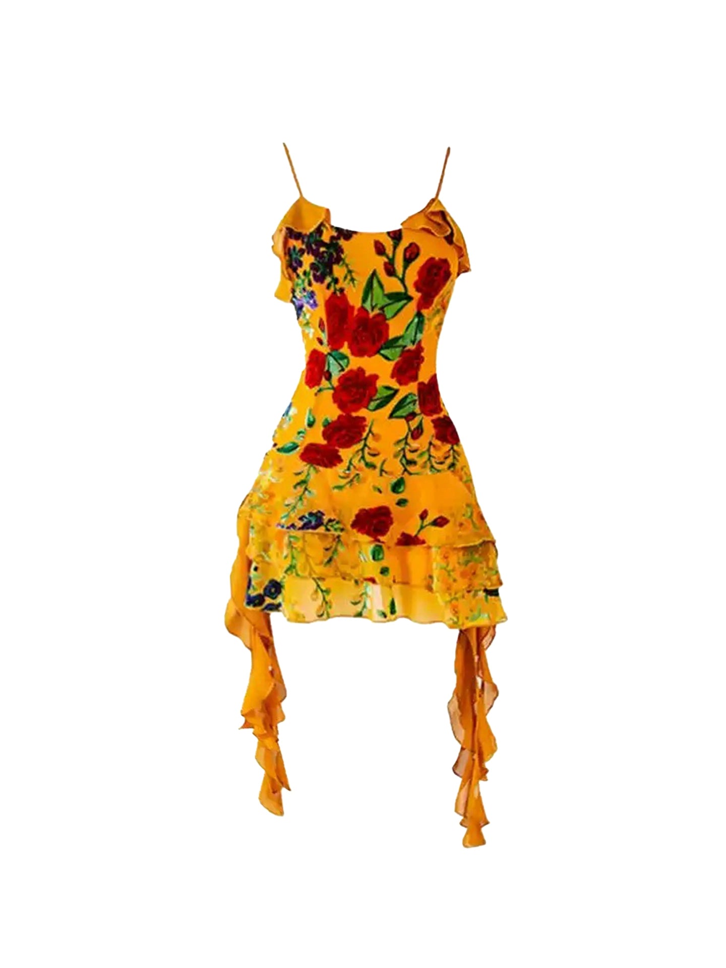Chic Ruffled Layers Side Streamers Spaghetti Strap A-Line Mini Skirt Vibrant Yellow Red Floral Print Short Dress AP5096