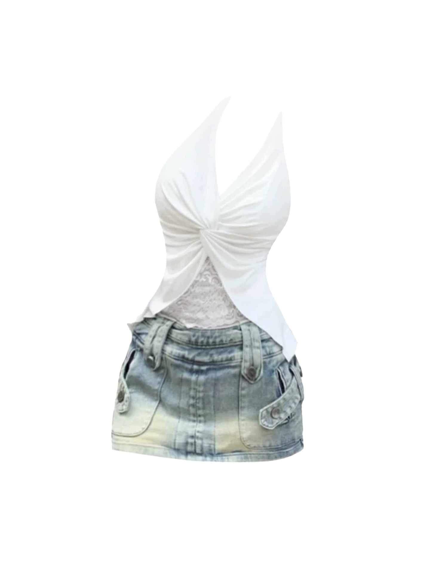 Vintage Bodycon Ombre Denim Mini Skirt Trendy White Twist-Front Sleeveless 2-Piece Halter Short Dress AP5098