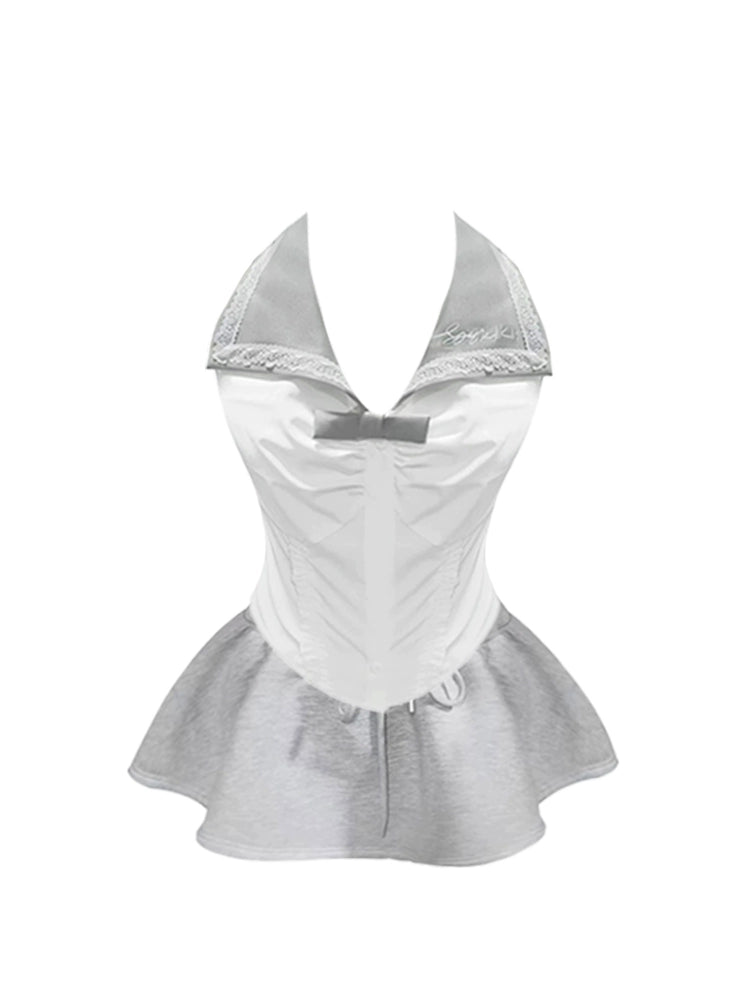 Vogue Light Gray Bow Detail A-Line Mini Skirt Sexy Sailor-Collar White Sleeveless Short Dress AP5099