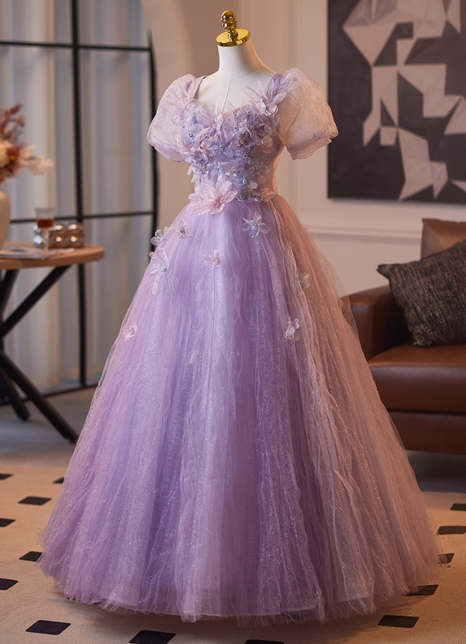 Graceful Square Neck A-Line Short Sleeve Sweet 16th Gowns Appliques Sequins Beading Purple Tulle Prom Dress AP5102