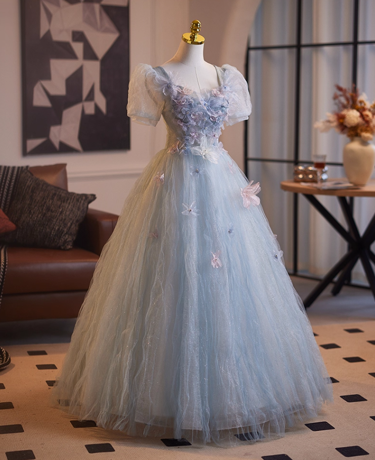 Elegant A-Line Puff Short Sleeve Square Neck Sweet 16th Gowns Appliques Sequins Blue Tulle Beading Prom Dress AP5103