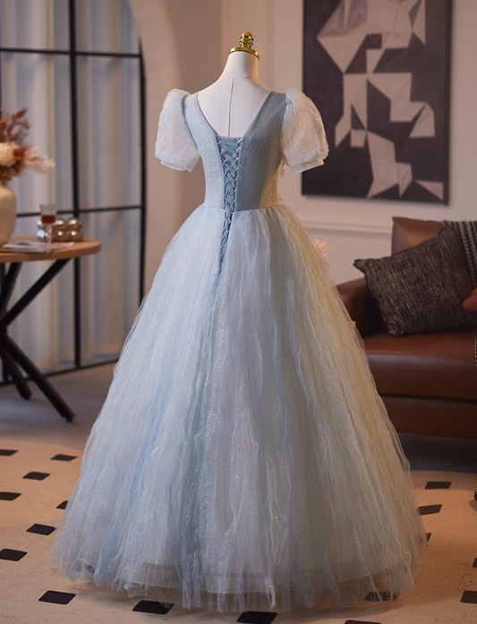 Elegant A-Line Puff Short Sleeve Square Neck Sweet 16th Gowns Appliques Sequins Blue Tulle Beading Prom Dress AP5103