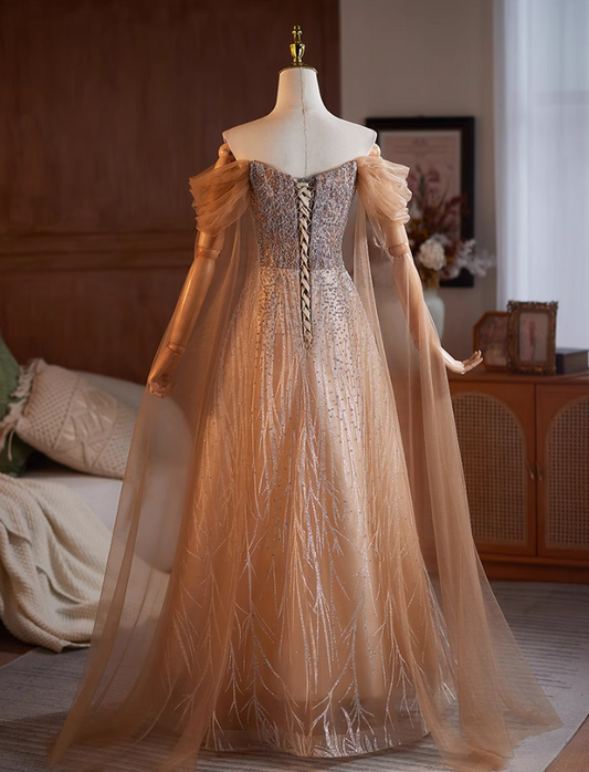 Sweet Off-Shoulder A-Line Beading Sweet 16th Dresses Sequins Long Tulle Sleeve Prom Dress AP5106