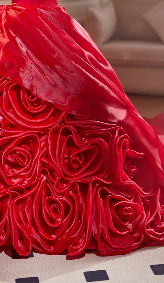Ethereal Strapless A-Line Red Sweet 16th Gowns Handmade Flowers Prom Dress AP5111
