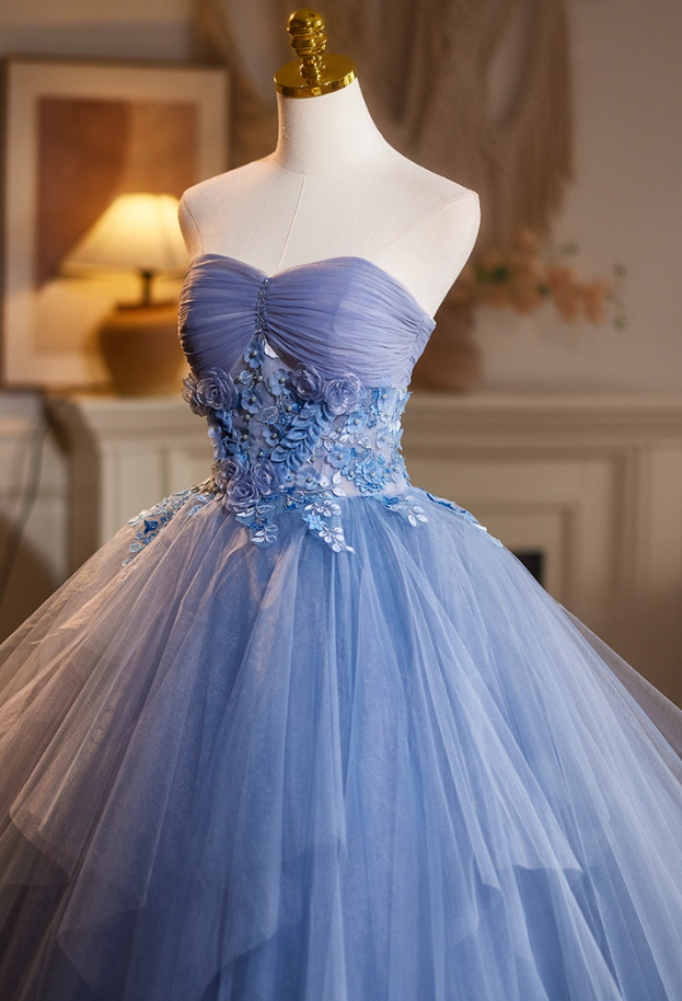 Sheen Strapless A-Line Sweet 16th Gowns Blue Tulle Appliques Beads Prom Dress AP5113