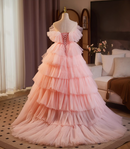 Gorgeous Strapless A-Line Tiered Sweet 16th Gowns Pink Tulle Prom Dress AP5115