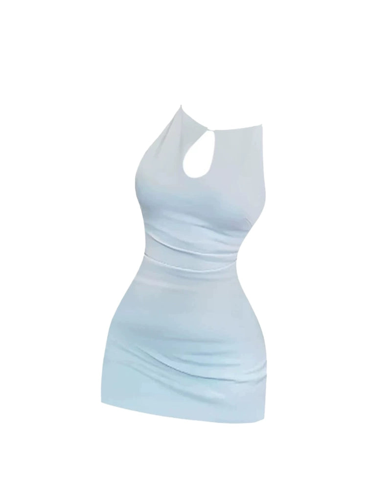 Fashionable Ruched Waist Slim Fit Sheath Mini Skirt Chic Light Gray Jewel Neck Keyhole Short Dress AP5123