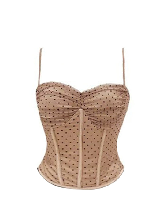 French Style 2-Piece Dark Brown High-Waisted Scalloped Pencil Midi Dress Sleek Beige Polka Dot Spaghetti Strap Corset Top Sheath Long Dress AP5124