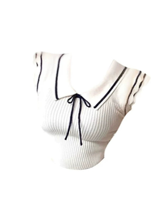 Minimalist Bow Accents 2-Piece A-Line Navy Pleated Mini Skirt White Sleeveless Sailor-Collar Knit Top Short Dress AP5125