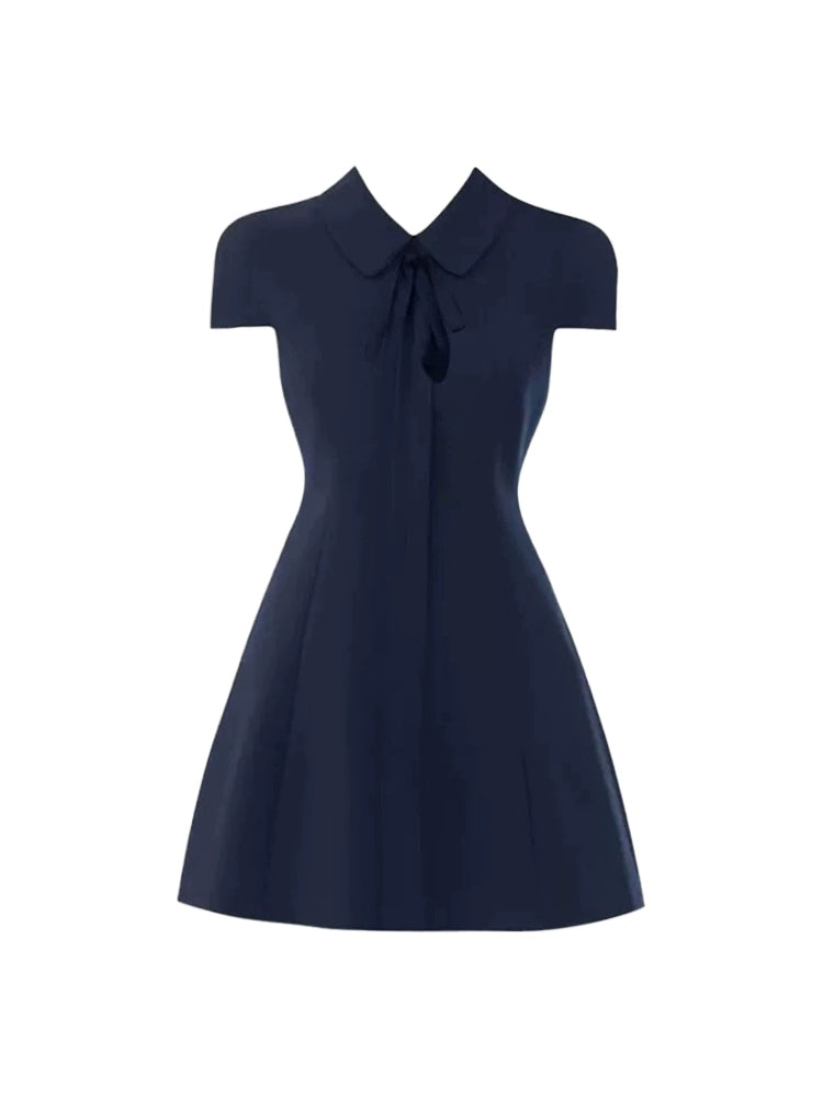 Charming Navy Blue Lapel Collar Mini Skirt Chic Tie Detail Short Sleeves A-Line Short Dress AP5127