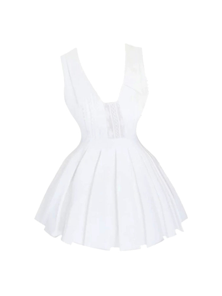 Flowy White Sleeveless Deep V Neck A-Line Mini Skirt Trendy Lace Detail Cinched Waist Short Dress AP5129