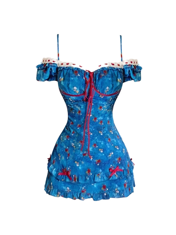 Playful Blue Floral A-Line Date Nights Mini Skirt Red Tie Ruffles Cinched Waist Short Dress AP5131