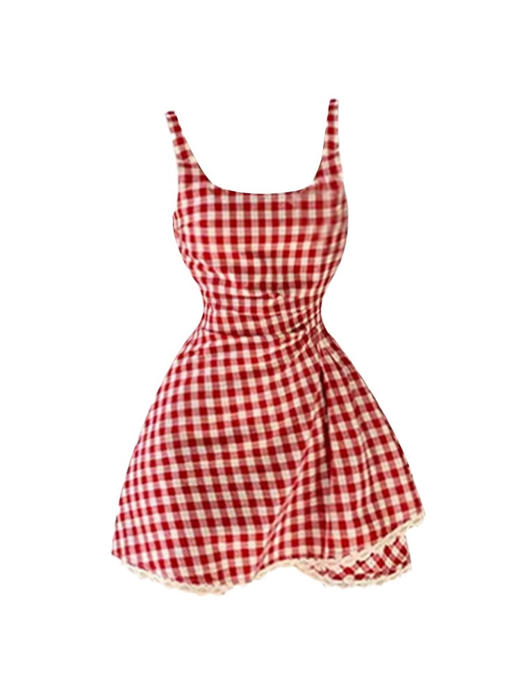 Fitted Spaghetti Strap Scalloped Hem A-Line Mini Skirt Trendy Red & White Gingham Square Neck Short Dress AP5133