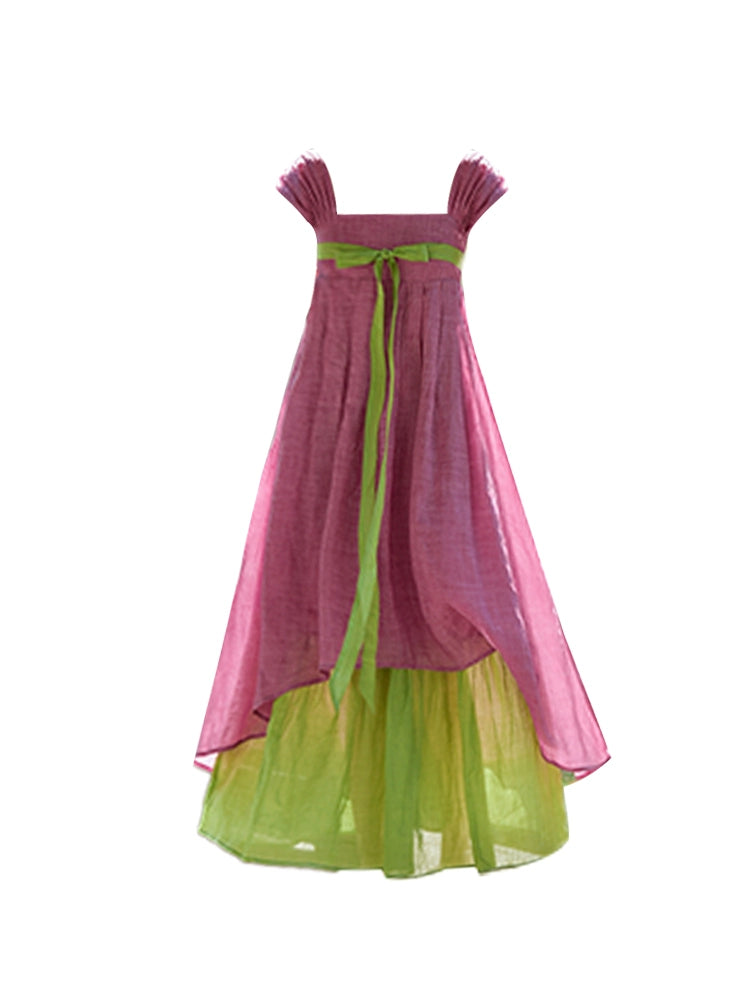 Flattering Pink-Purple & Green Square Neck Maxi Skirt Bow Waist Spaghetti Strap Asymmetrical Tiered Long Dress AP5134
