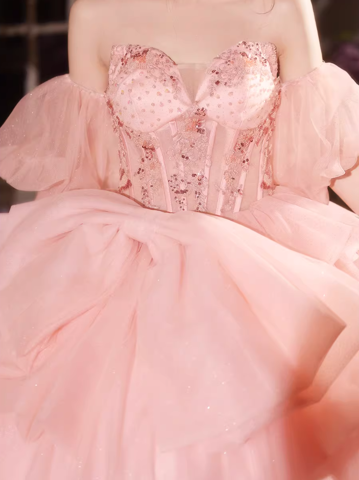 New Tendency Off-Shoulder A-Line Pink Tulle Sweet 16th Dresses Bow Beading Sequins Appliques Prom Dress AP5149