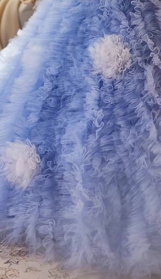 Fairy Strapless A-Line Ruffles Tulle Sweet 16th Gowns Handmade Flowers Sequins Prom Dress AP5150