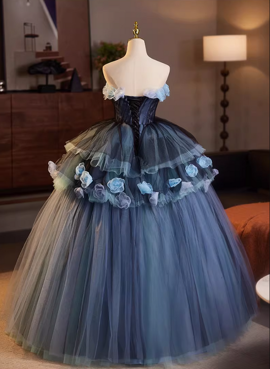 Boho-Inspired Strapless A-Line Tiered Tulle Sweet 16th Gowns Handmade Flowers Prom Dress AP5152